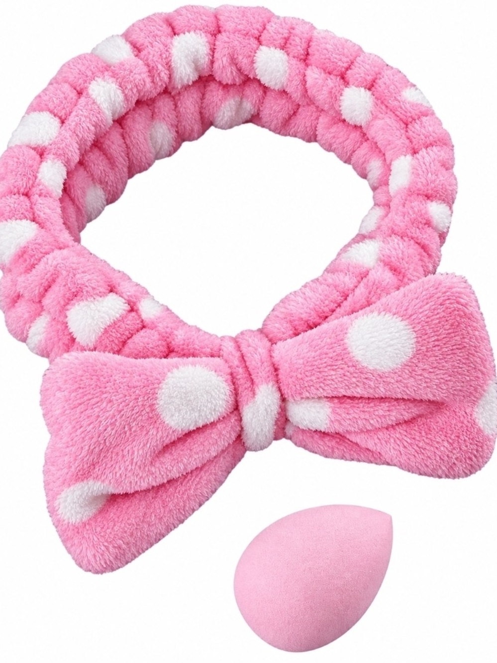 Plush Pink Polka Dot Bow Headband with Pink Makeup Sponge
